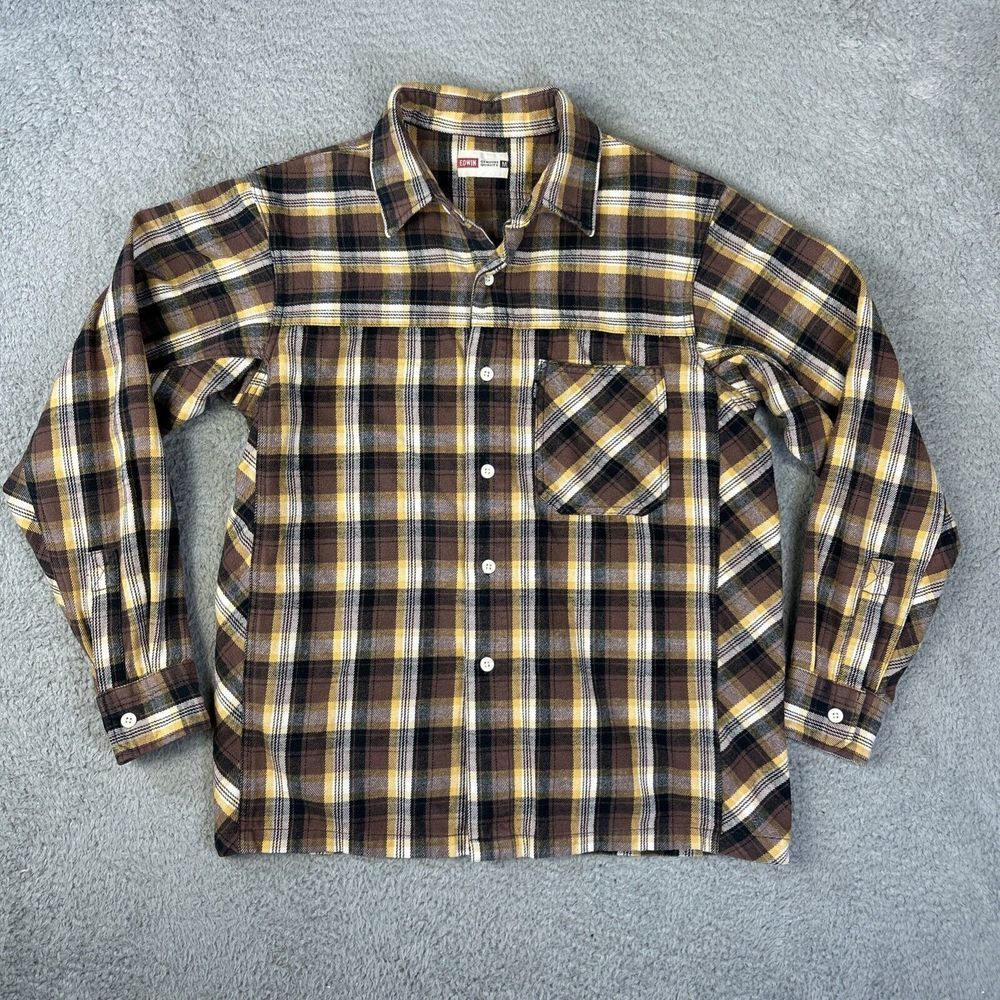 Edwin Flannel Shirt Mens Medium Brown Plaid‎ Button Up Cabincore Campcore Skater